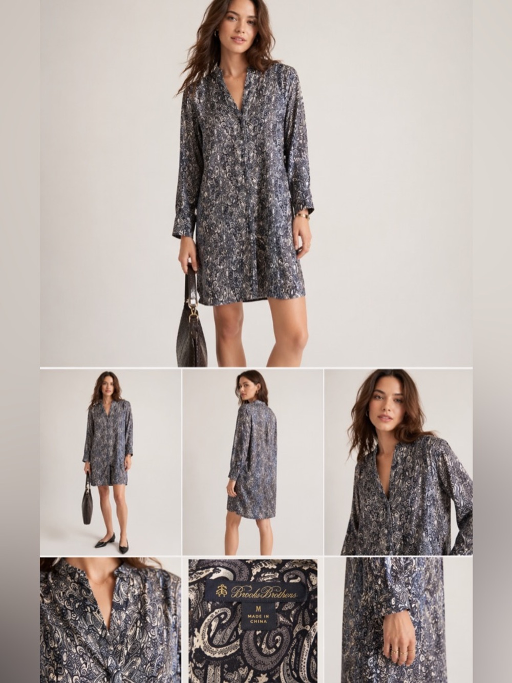 Brooks Brothers 100% Silk Long Sleeve Paisley Button Down Knee  Length Dress 4